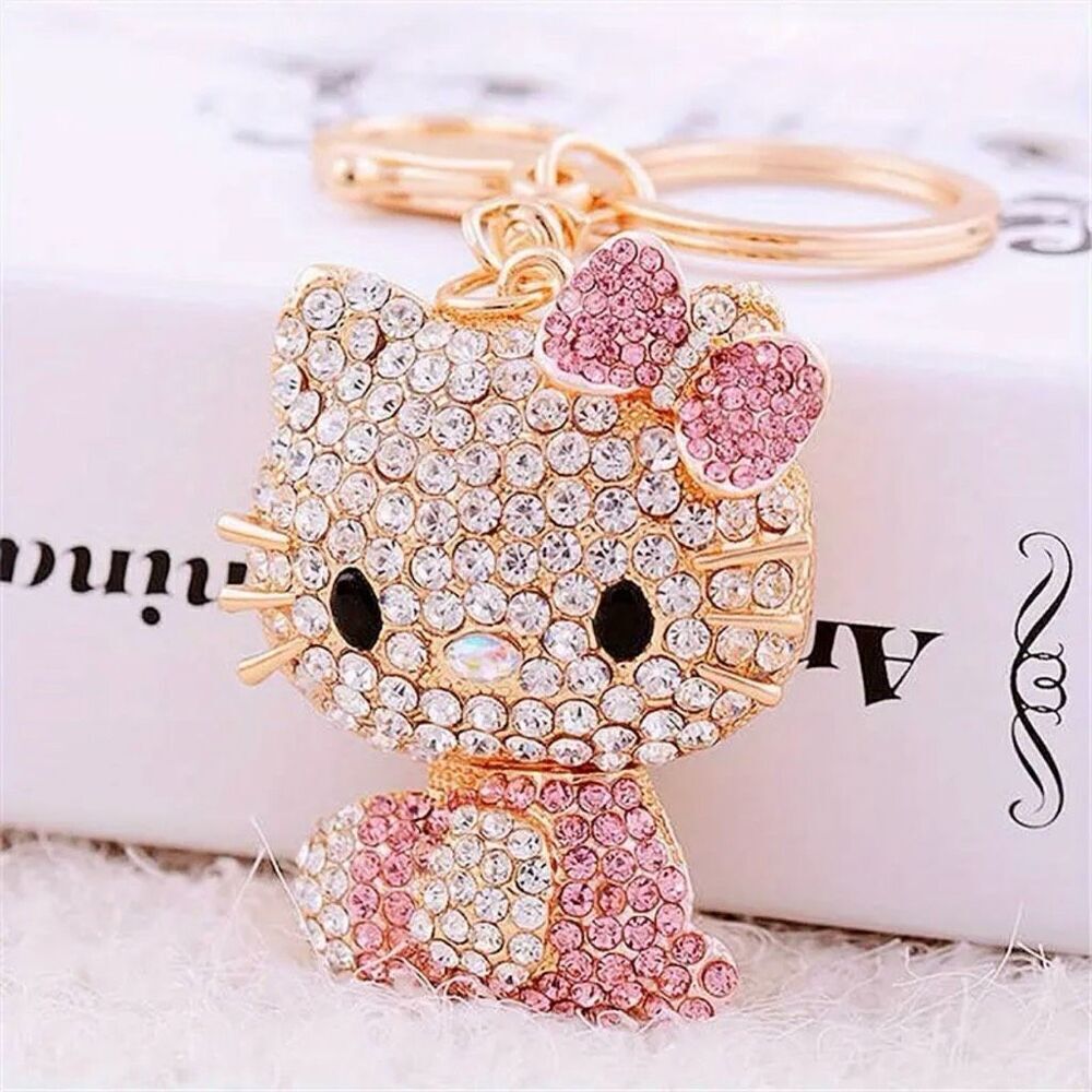 NWT Gorgeous Hello Kitty Gold Pink White Rhinestones Key holder Keyring Keychain